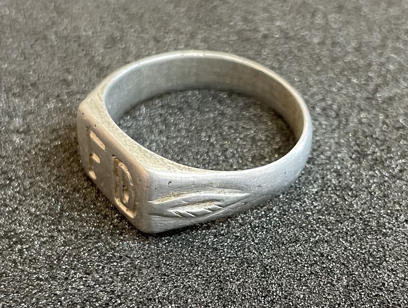 Silver aluminim ring with initials 'FD' (side)