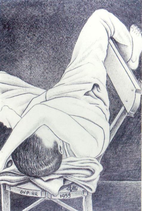 Man lying on a bench with an arm over his eyes.JPG