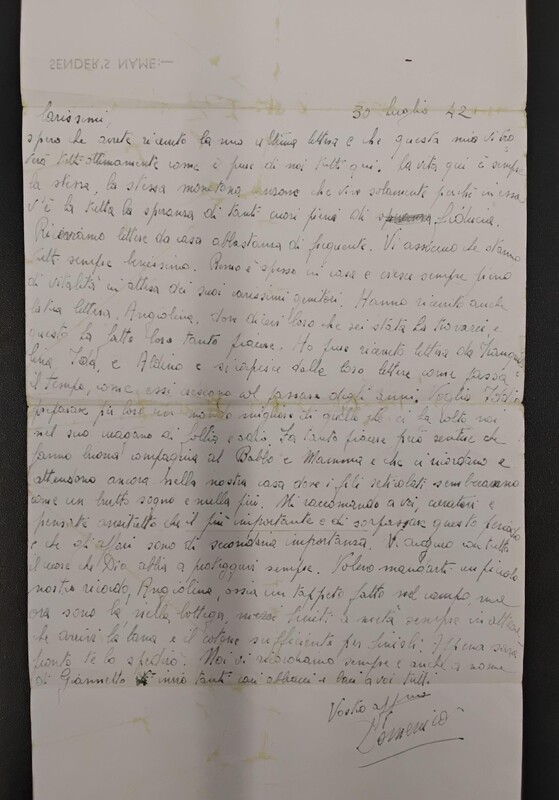 Letter of Domenico Sidoli to Angiolina Gazzi 30 July 1942
