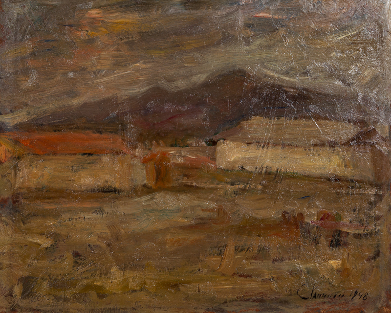 Vannucci, Prisoners’ huts, 1948. Oil on plywood, cm 32x39.jpg