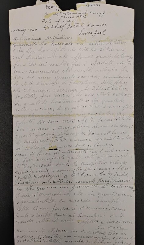 Letter of Francesco Basini-Gazzi to his wife Angiolina on 16 August 1940