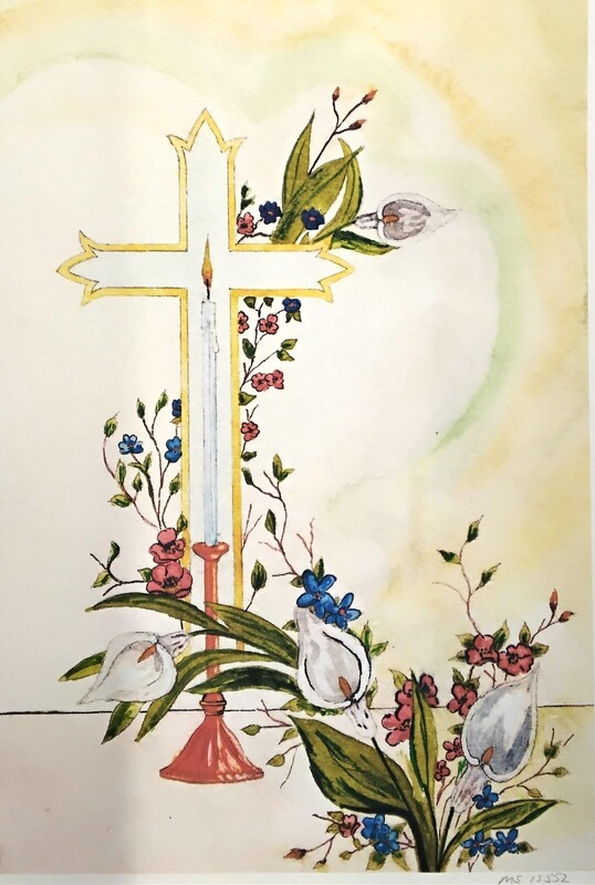 Drawing of a candle and a cross with flowers