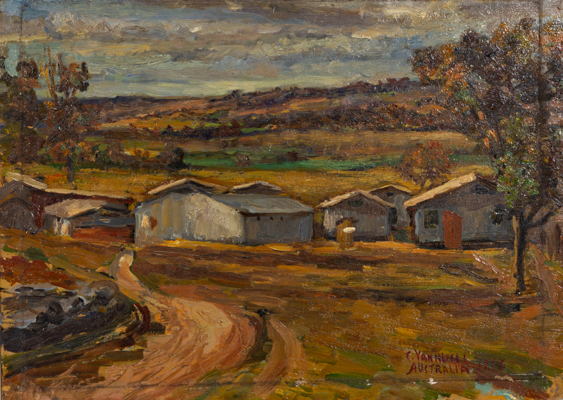 Vannucci, Camp huts, Australia, 1946. Oil on plywood, cm 29x38.jpg