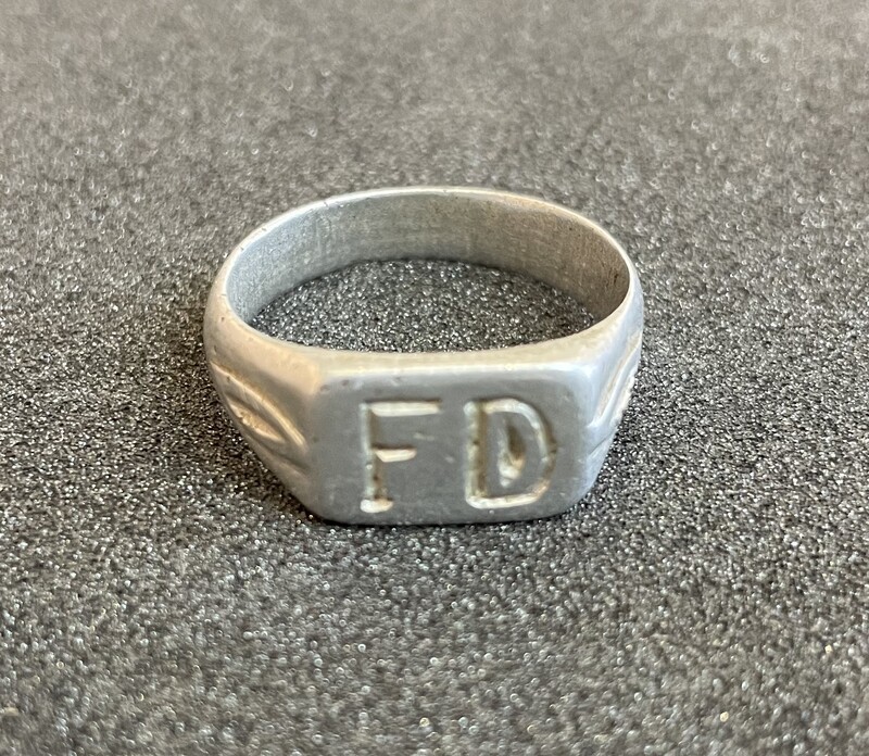 Silver aluminim ring with initials 'FD' (front)