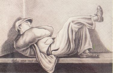 Man lying down with eyes closed, arms crossed, right leg crossed over the left.JPG